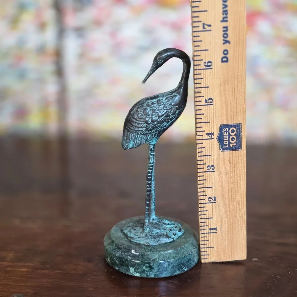 Vintage Bronze Heron Crane Figurine Sculpture on Green Marble Base Verdigris